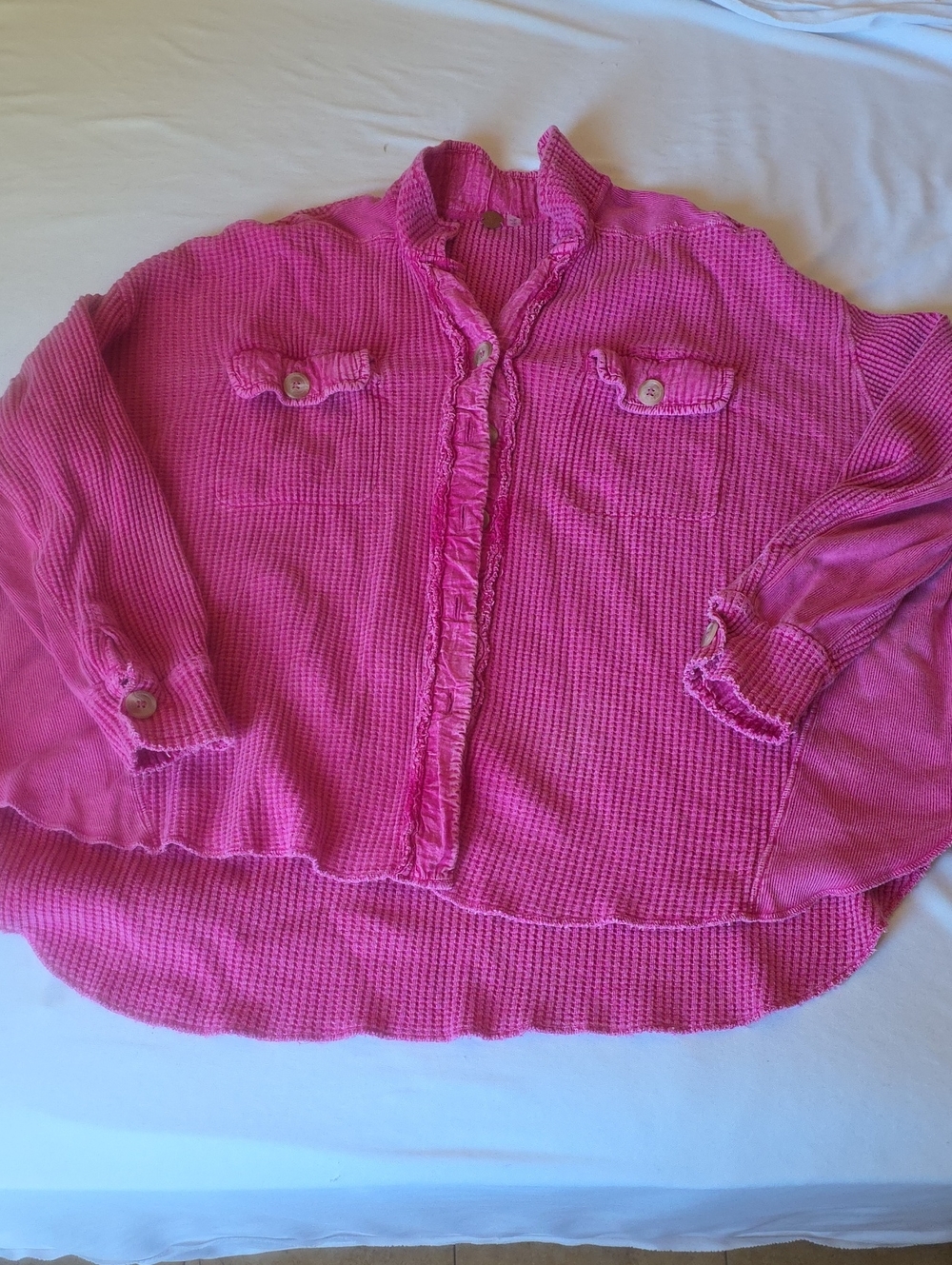 Free People Bright Pink Waffle Knit Button-Front Shirt